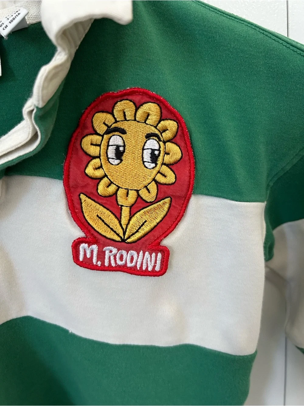 Mini Rodini organic size 2-3 years green white stripes rugby top flower patch